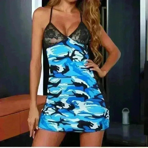 Virgo Blue Camo and Sheer Lace Lingerie Babydoll Slip Dress Large - Picture 1 of 6
